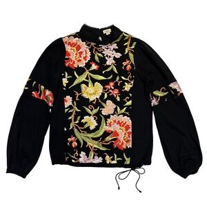 Tiny Anthropologie Black Floral Embroidered Bohemian Artsy Whimsygoth Blouse XXS